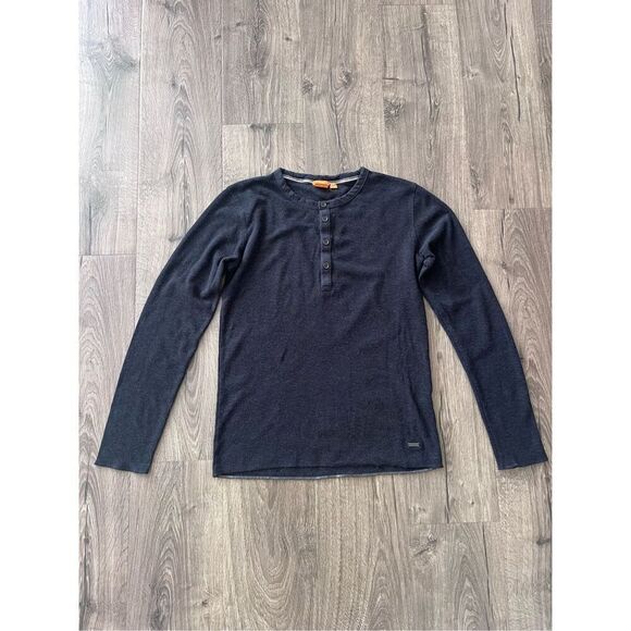 Hugo Boss Trix Slim Fit Navy Blue Long Sleeve Henley Shirt, Men's L - Picture 1 of 6